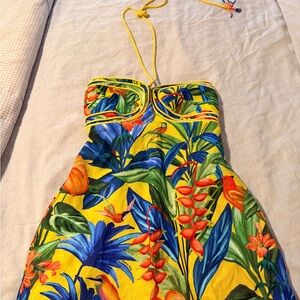 FARM Rio Yellow Tropical Mini Dress with Blue & Green Botanical Print